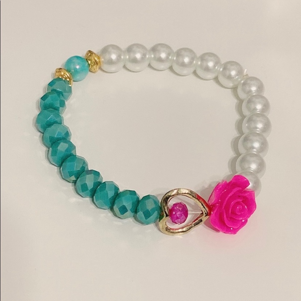 Handmade Rose Teal Pearl Gold tone Jewelry Bracelet be (with love)